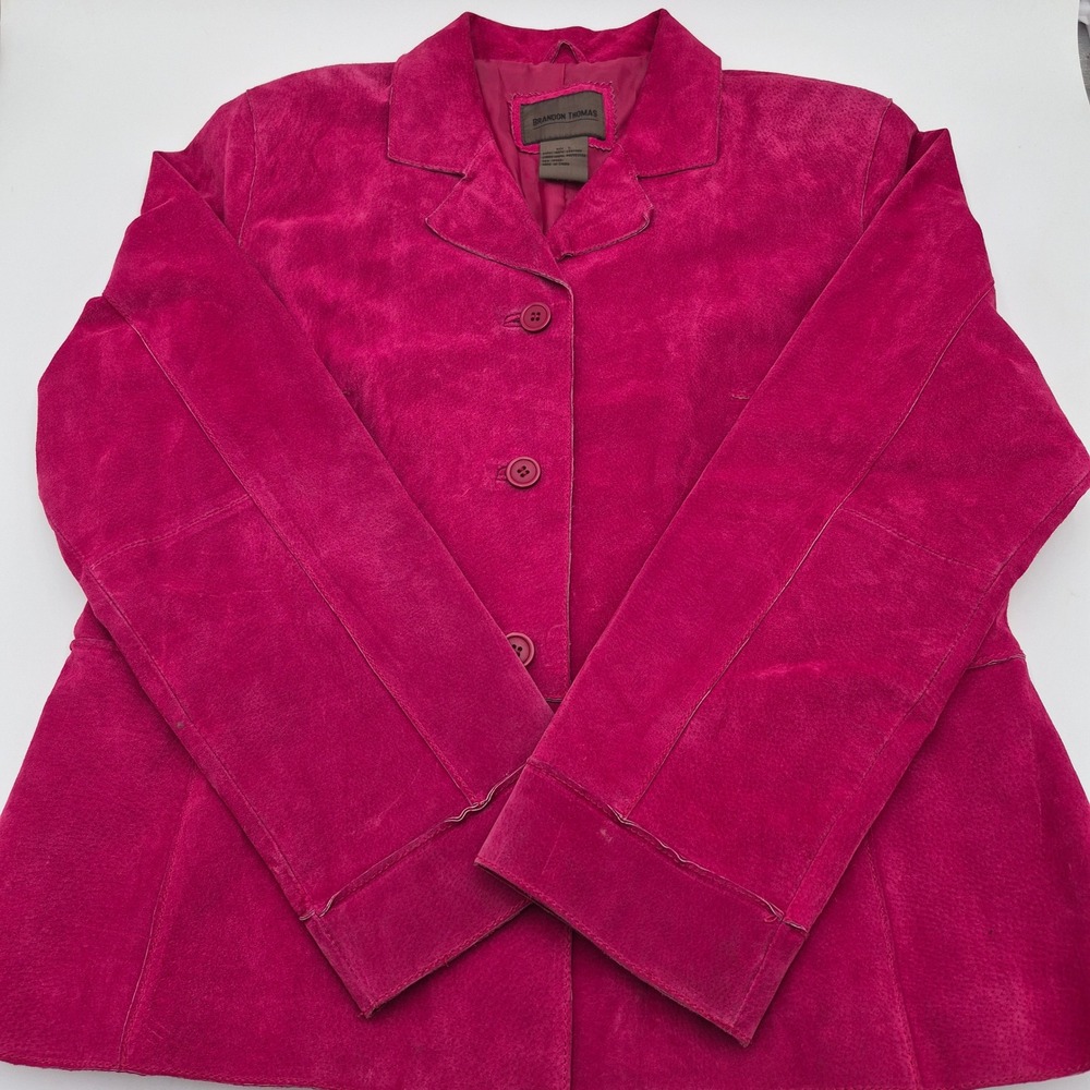 Brandon Thomas Womens Magenta Pink Suede Leather Blazer Jacket Size L